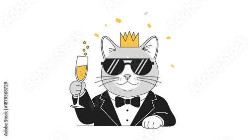 Sophisticated Cat in Tuxedo with Crown and Champagne Glass Celebrating.