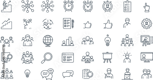 Business training icons set, teamwork strategy, leadership devel planning visuals