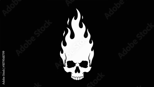 Stylized white skull with flames erupting from its cranium on a black background