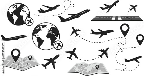 CAD drawing flat vector illustration of airplane travel route, world map, location pin