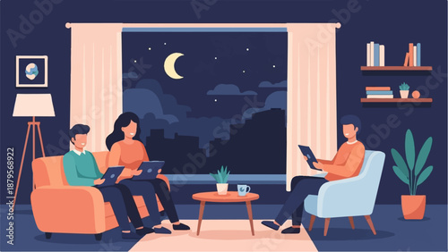 Three individuals relax indoors at night, each engrossed in their tablets while gazing at a city skyline