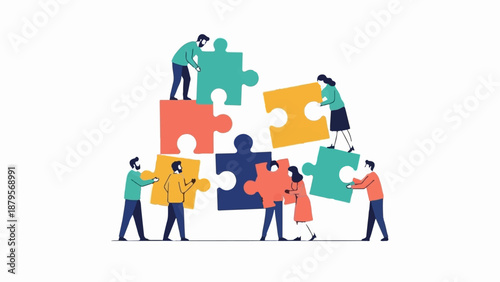 Teamwork people fitting puzzle pieces together to build a structure