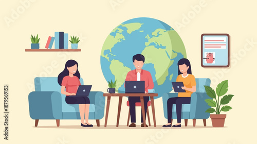 Three individuals work on laptops and tablets near a large globe in a cozy office setting