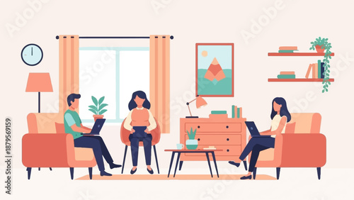 Three individuals, two women and one man, are comfortably working on laptops in a cozy living room setting