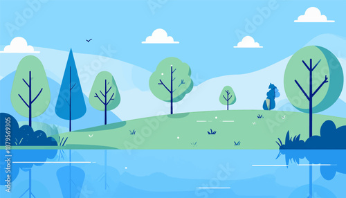 Stylized landscape with a calm blue lake, green rolling hills, and various trees under a bright sky