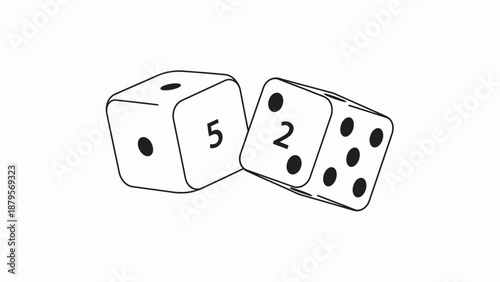 Two dice showing numbers five and two, hand-drawn illustration.