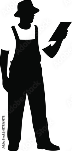 Silhouette of a worker in overalls and hat holding a clipboard with a pointing gesture on a white background