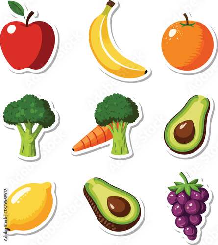 Set of 9 healthy fruit and vegetable stickers including apple, banana, orange, broccoli, carrot, avocado, lemon, and grape — ideal for nutrition apps, meal planning, kids’ food education, grocery bran