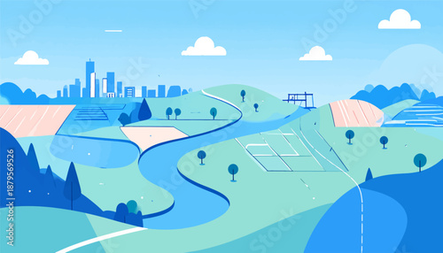 Stylized landscape with a flowing river, rolling hills, fields, and distant city skyline under a blue sky