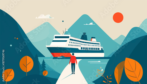 Stylized landscape with a lone figure approaching a large ferry docked by mountains and autumn trees