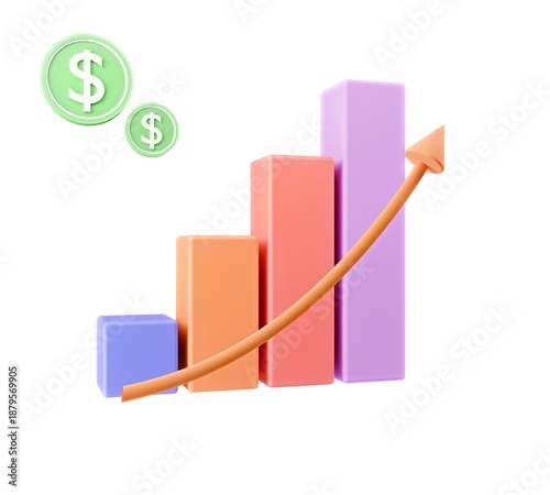 3D Financial Growth Bar Chart with Dollar Coins and Upward Arrow