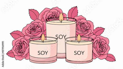 Three lit soy candles with pink roses and leaves against a white background