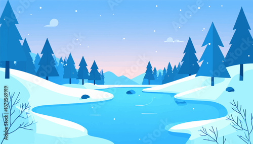 Stylized winter landscape with snow-covered hills, blue fir trees, and a frozen body of water under a pale sky