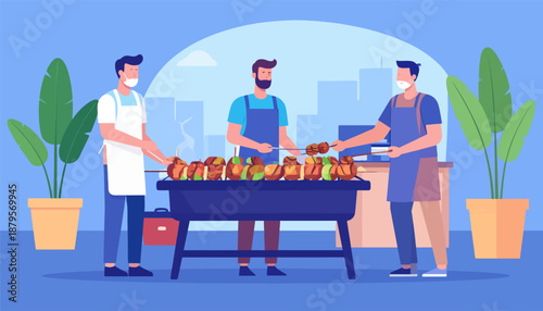 Three masked men grilling skewers outdoors with plants and city skyline