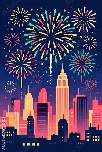 City Skyline Fireworks Celebration Illustration