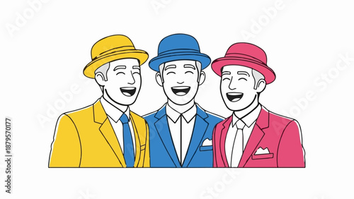 Three men in brightly colored suits and hats laugh heartily together in a joyful portrait