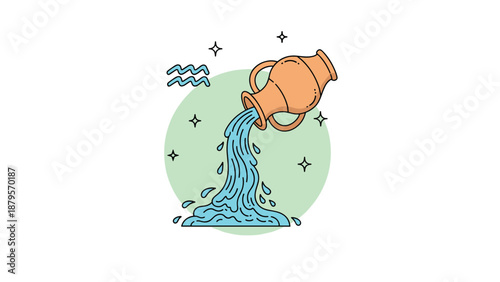 Aquarius zodiac sign represented by a stylized clay jug pouring blue water amidst twinkling stars on a green background.