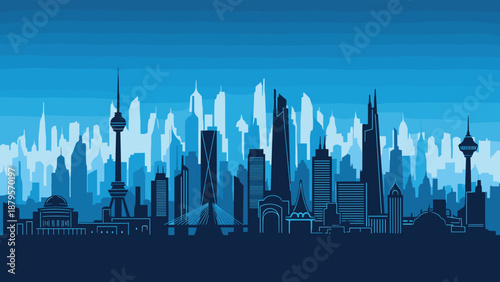 Modern city skyline silhouette in various shades of blue featuring skyscrapers, a tower, and a suspension bridge detail.