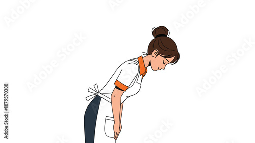 Courteous waitress or flight attendant in a white uniform with orange accents performing a traditional polite bow.