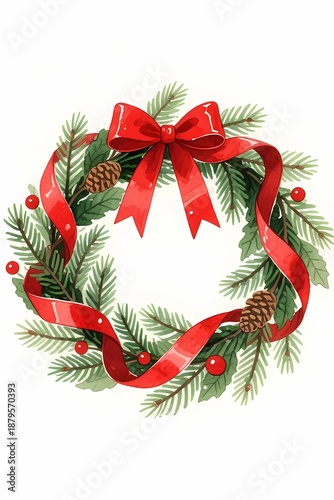 Watercolor Christmas Wreath with Red Bow