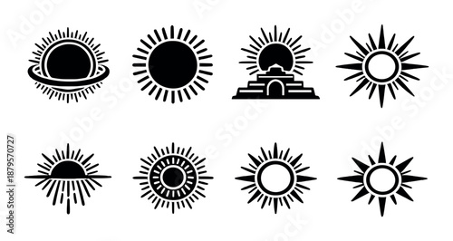 Collection of eight black and white sun and eclipse icon designs