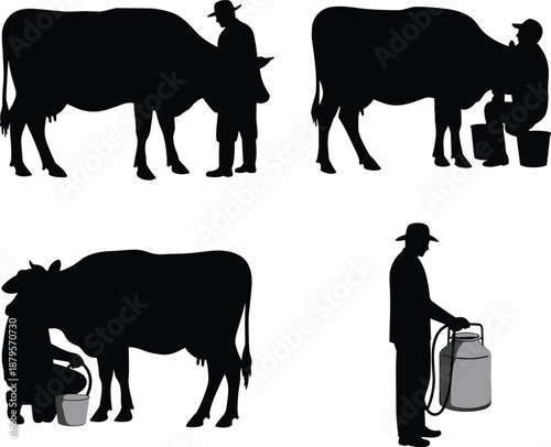 Dairy farming silhouettes with cow and milk can, farmer milking cow, rural agriculture scene, black vector illustration, village pastoral design