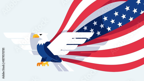 An American bald eagle soaring proudly with the stars and stripes flag waving dynamically in the background, symbolizing freedom and patriotism