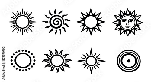 Set of eight black and white sun icon designs with various patterns