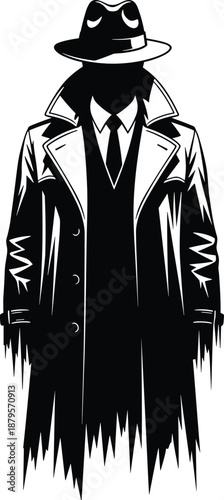 Dark noir detective silhouette, mysterious trench coat figure, vintage spy character, fedora hat, crime fiction illustration, black white vector art
