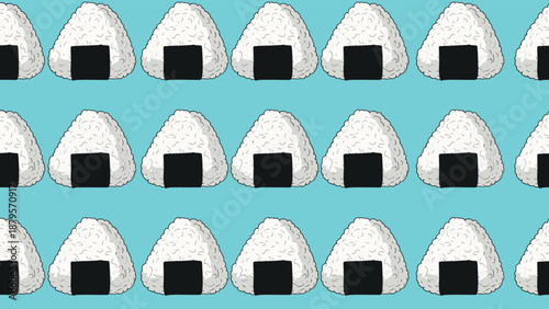 Endless pattern of traditional Japanese onigiri rice balls with black seaweed wraps on a bright blue background.