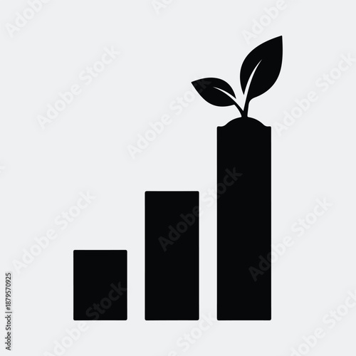 Silhouette growing bar chart with green plant leaves vector illustration