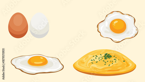 Food collection showing various stages of eggs including whole brown and white eggs, a fried egg, and a cooked omelet.