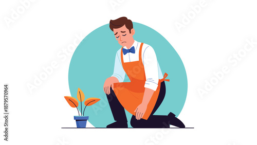 Sad florist or gardener kneeling beside a small withered plant in a pot while expressing disappointment and regret for his gardening failure.