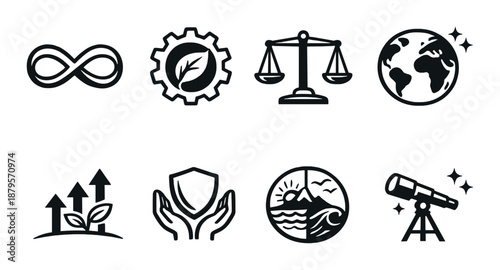 Eco-friendly icons set representing sustainability, growth, balance, nature, protection, telescope