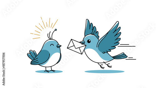 Cute blue birds interacting where one bird flies to deliver a white envelope letter to its happy companion against a plain white background.