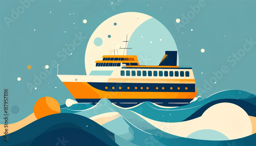Stylized large ship sails on choppy waves beneath a crescent moon and starry sky
