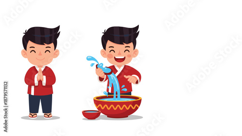 Young boy in traditional attire performs a greeting and pours water from a bowl during a cultural festival celebration on a white background.