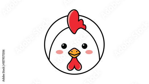 Adorable close-up illustration of a white chicken face with bright red comb, yellow beak, and pink cheeks against a white background.