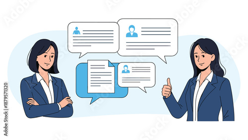 Professional businesswomen engaged in communication using speech bubbles with user profiles to demonstrate networking and client relationship management.