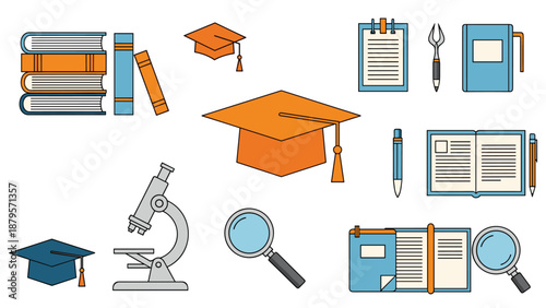 Variety of educational supplies including graduation caps, books, a microscope, and notebooks representing academic success and scientific research.