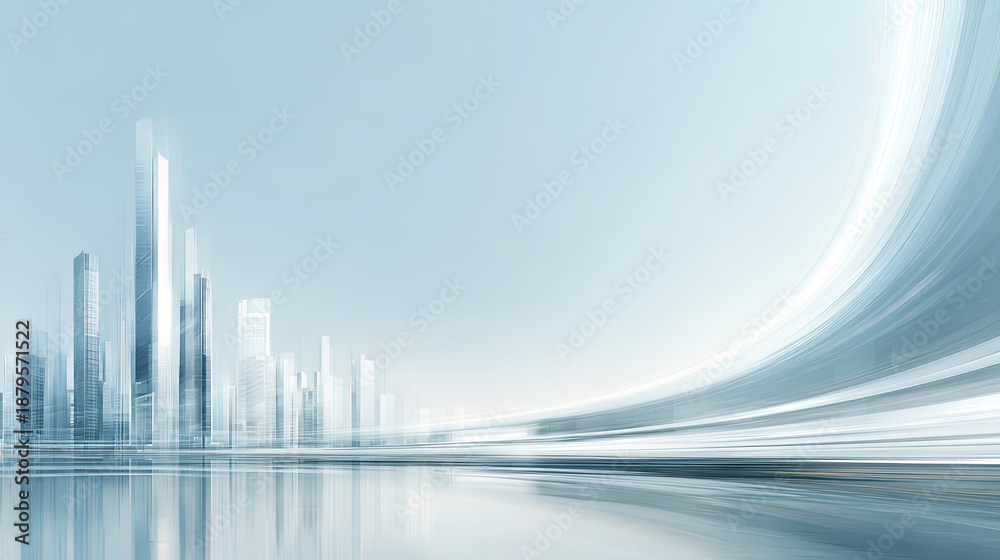 Fototapeta premium Futuristic city skyline with modern skyscrapers and reflective water surface 