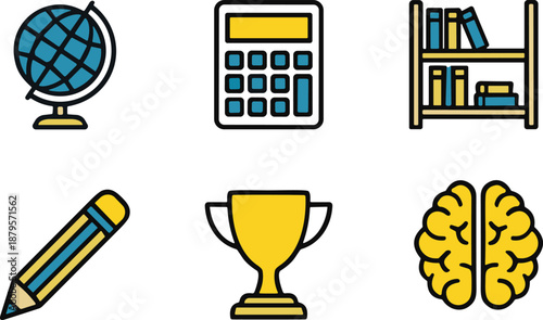 Education icons, globe, calculator, bookshelf, pencil, trophy, brain, learning, academic success, study tools, school supplies