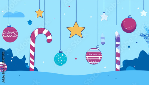 Stylized winter scene with hanging holiday ornaments and candy canes