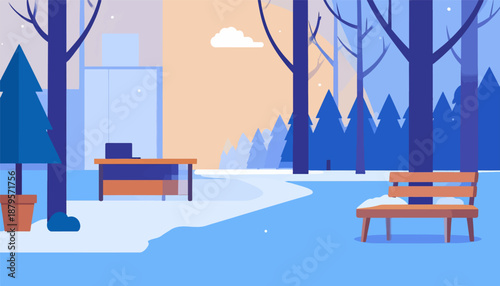 Stylized winter scene with snow, bare trees, pine trees, a desk, and a bench