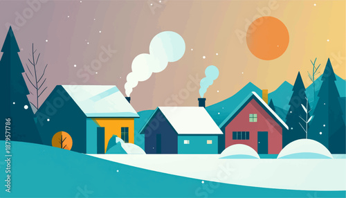 Stylized winter scene with snow-covered houses and evergreen trees under a colorful gradient sky