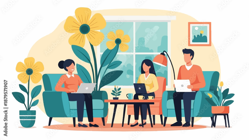 Fototapeta premium Three people in a bright, plant-filled room, each using a laptop on comfortable chairs