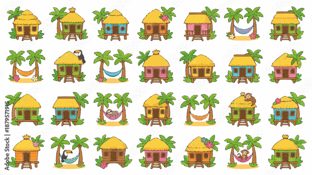 Fototapeta premium Vector icons Collection of Colorful Tropical Huts and Palm Trees with Hammocks Cartoon Style Illustrations. EPS Editable