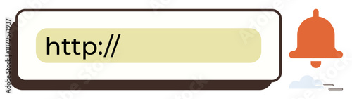 Online communication, browsing alerts, internet security, web design, notifications, user interface. An address bar displaying HTTP with a notification bell. Internet security and browsing alerts