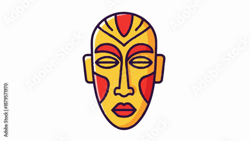 Stylized yellow and red mask with dark outline, featuring elongated face
