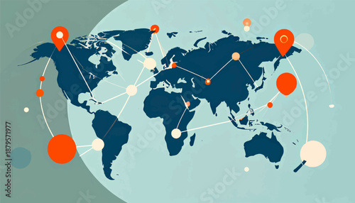 Stylized world map with connected points indicating global connections and travel routes